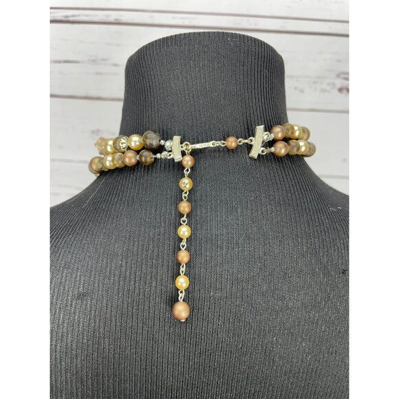 Vintage Made in Japan 70's Double-Strand Beaded Necklace Brown Tan Beige Coral A - Picture 7 of 8